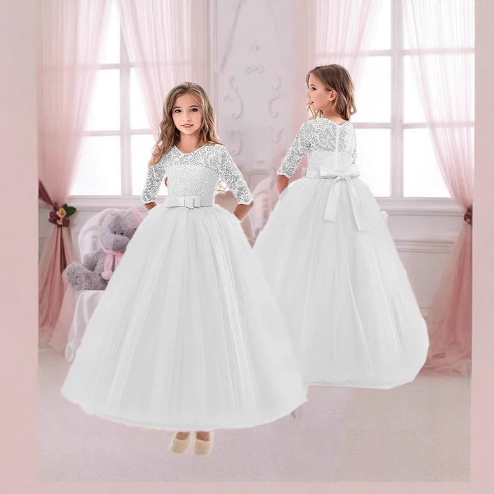 Mädchen Festliches Tüllkleid mit Spitzenoberteil und Taillengürtel Drune