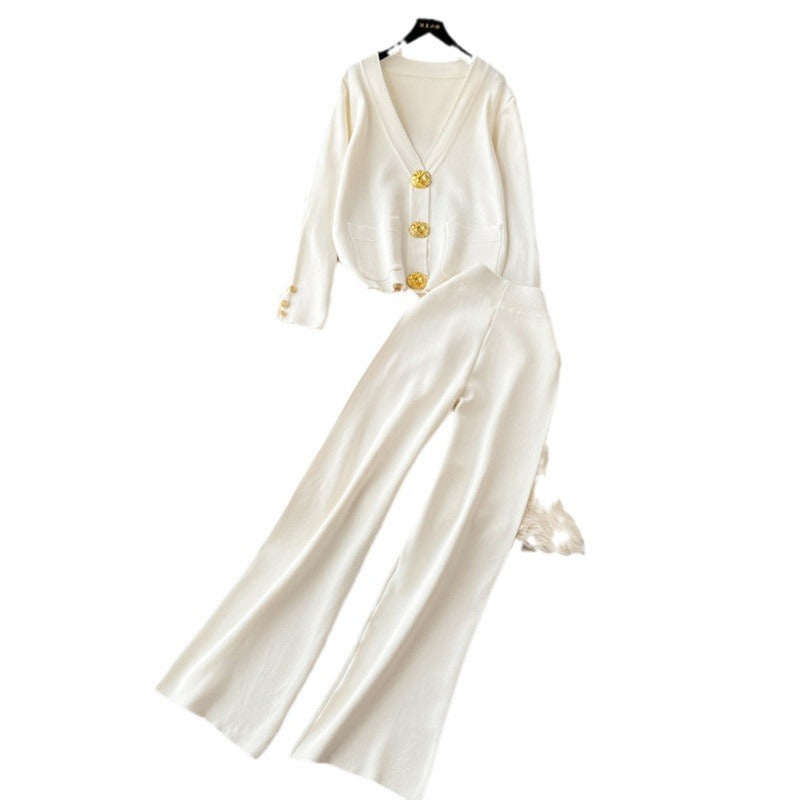 Damen elegantes Strick-Loungewear-Set mit dekorativen Knöpfen und weitem Bein Drune