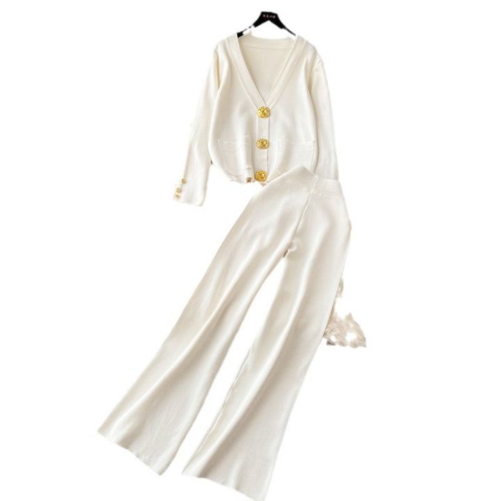 Damen elegantes Strick-Loungewear-Set mit dekorativen Knöpfen und weitem Bein Drune