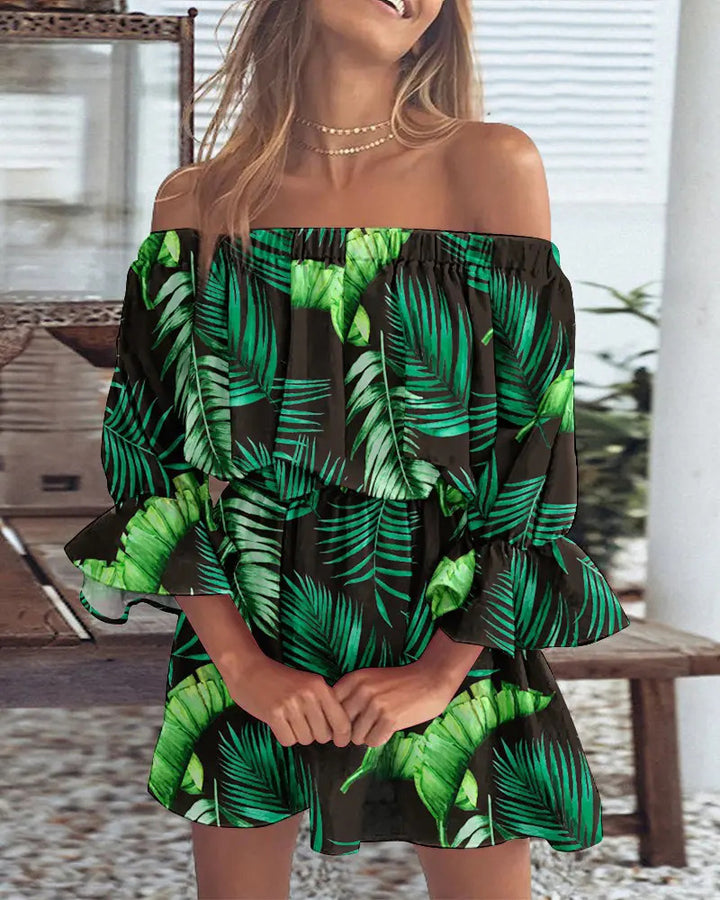 Damen Schulterfreies Minikleid mit elastischer Taillenpassform und Volantärmeln Drune