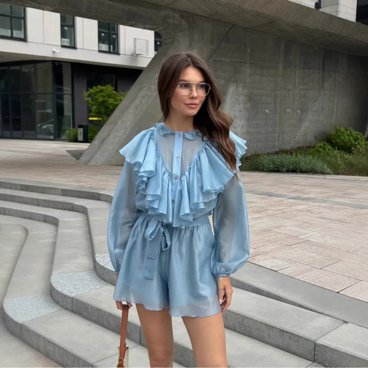 Damen stilvolles Chiffon-Set mit Rüschendetails und Taillengürtel Drune