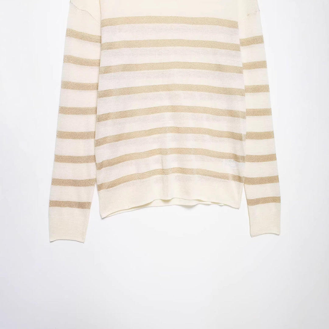 Damen Leichter gestreifter Feinstrickpullover mit Metallic‑Streifen und Rundhalsausschnitt Drune