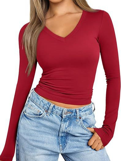 Damen Figurnahes Langarm-Cropped-Shirt mit V-Ausschnitt und elastischem Taillenbund Drune