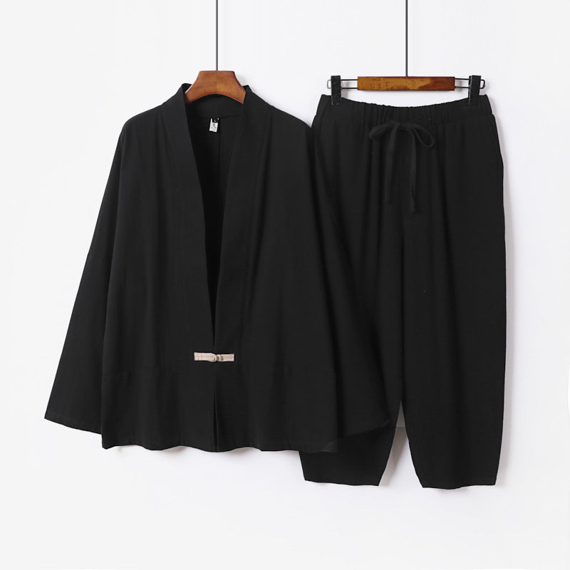 Unisex Lässiges Kimono-Loungewear-Set aus leichtem Leinenmix mit Kordelbundhose Drune