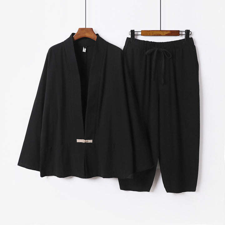 Unisex Lässiges Kimono-Loungewear-Set aus leichtem Leinenmix mit Kordelbundhose Drune