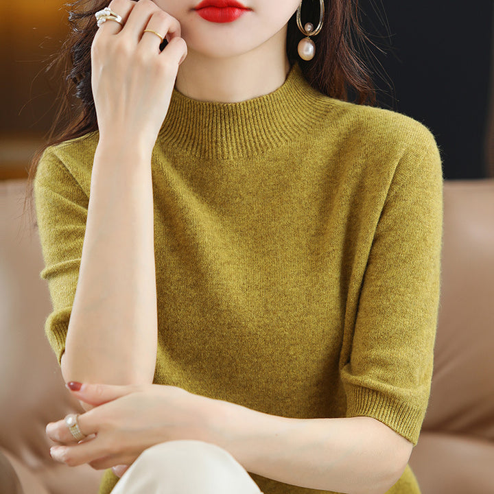 Damen Kurzärmeliger Feinstrick-Pullover mit halbem Rollkragen Drune