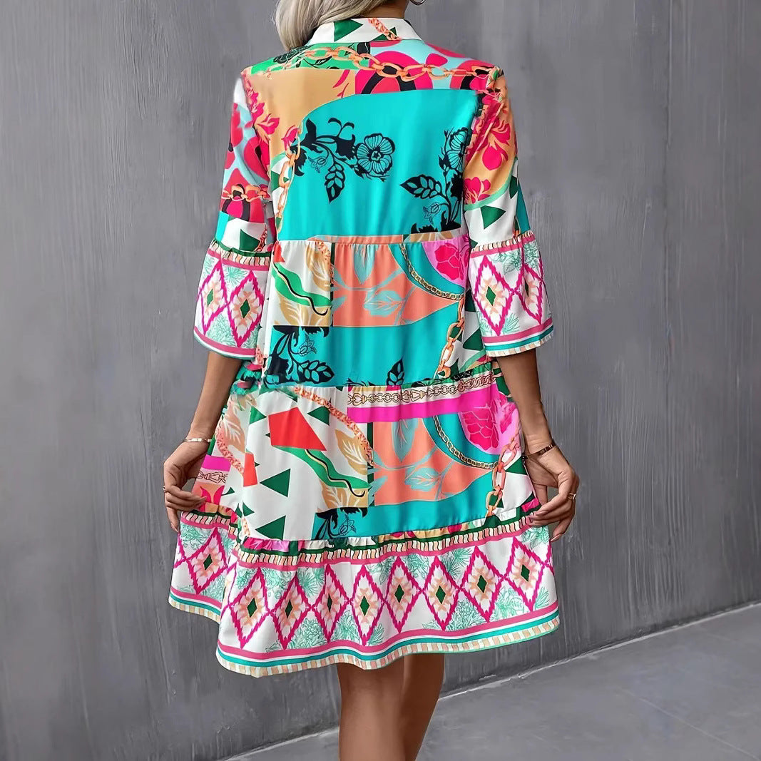 Damen Freizeitkleid mit buntem Grafikdesign und ausgestellten Ärmeln Drune
