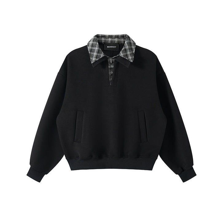 Unisex Lagenlook-Sweatshirt mit eingenähtem Karokragen und seitlichen Einschubtaschen Drune