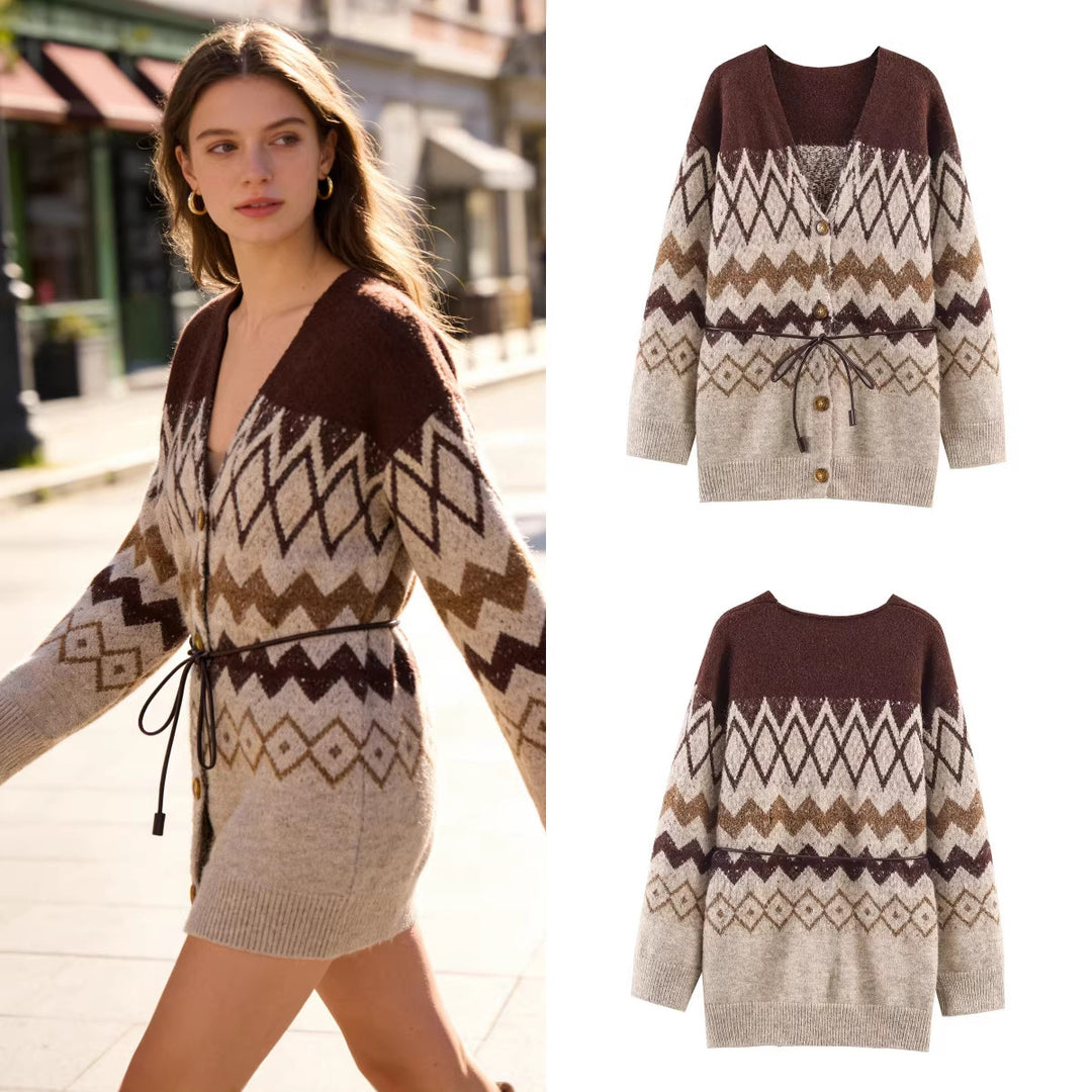 Damen Gemusterte Strickcardigan mit V-Ausschnitt, Knopfleiste und Taillenband Drune