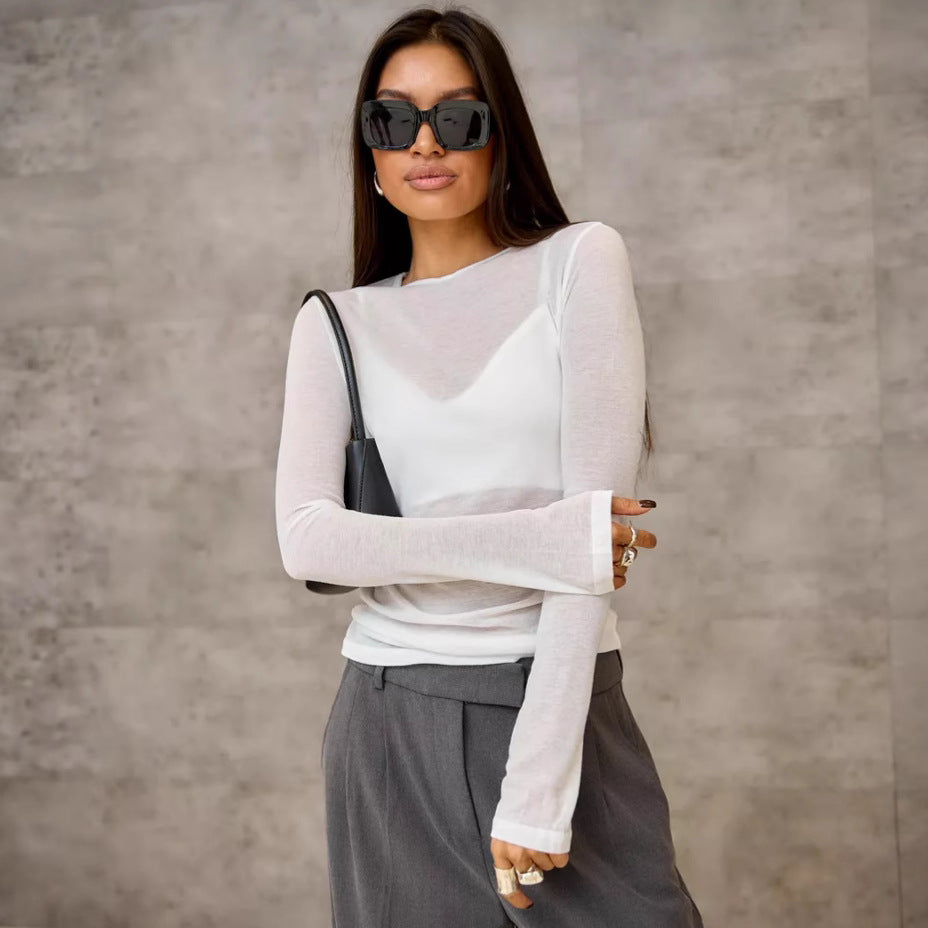 Damen Langarmshirt mit eleganten V-Ausschnitt und feinem Netzstoff Drune