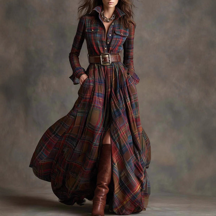 Damen nan karierte Maxikleid Hemdblusenkleid mit ausgestelltem Rock und breitem Taillengürtel Drune