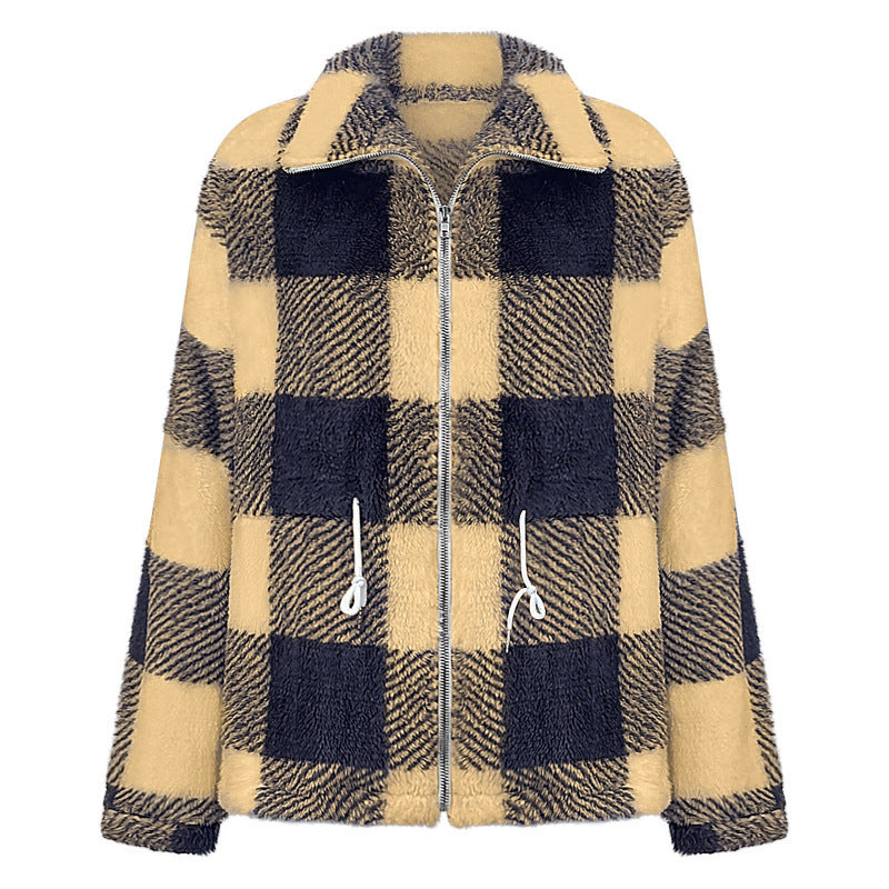 Damen kuschelige Oversize-Jacke mit kariertem Muster Drune