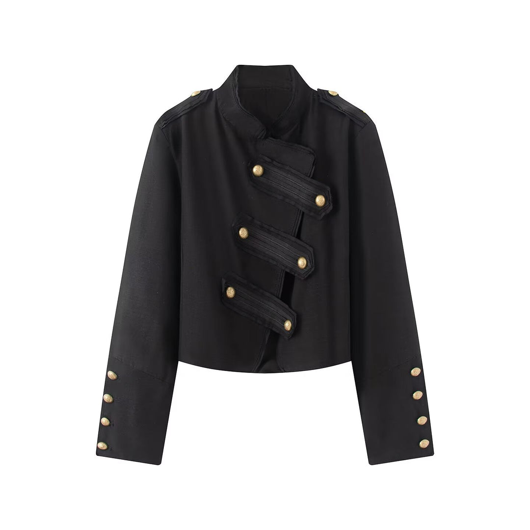 Damen Kurze Militärjacke mit Stehkragen und goldenen Zierknöpfen Drune