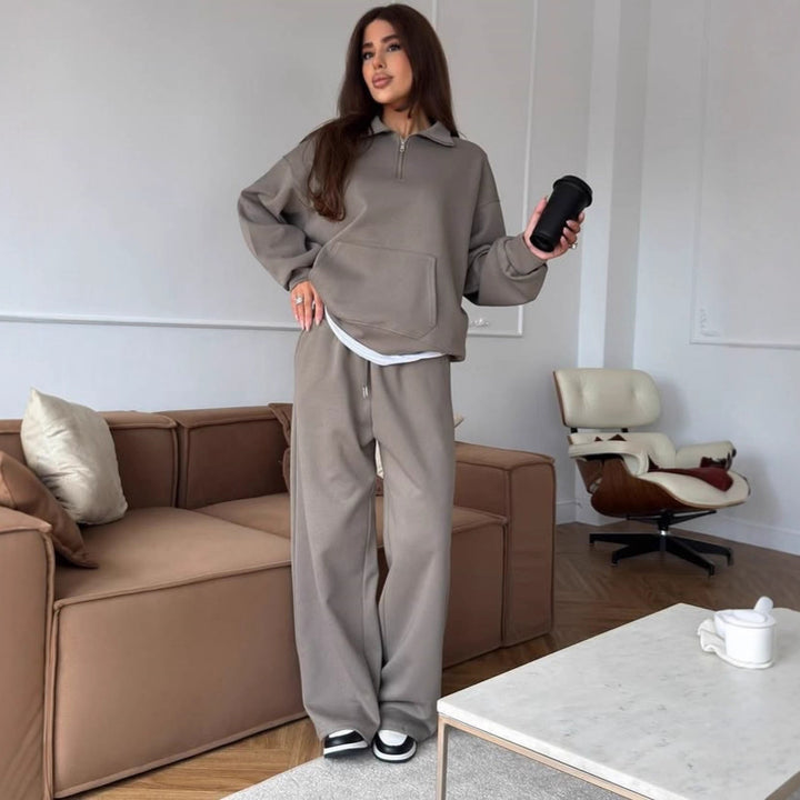 Damen Bequeme und elegante Langarm-Pullover mit Reißverschluss und weiten Jogginghose Drune