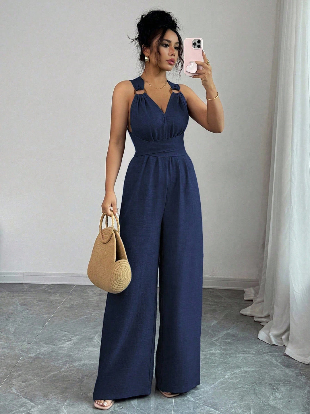 Damen Jumpsuit mit weitem Bein, tailliertem Wickelband und Ösen-Trägern Drune