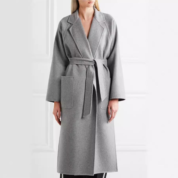 Damen Bodenlanger Offener Wollmix‑Mantel mit entspanntem Revers und fließendem Fall Drune