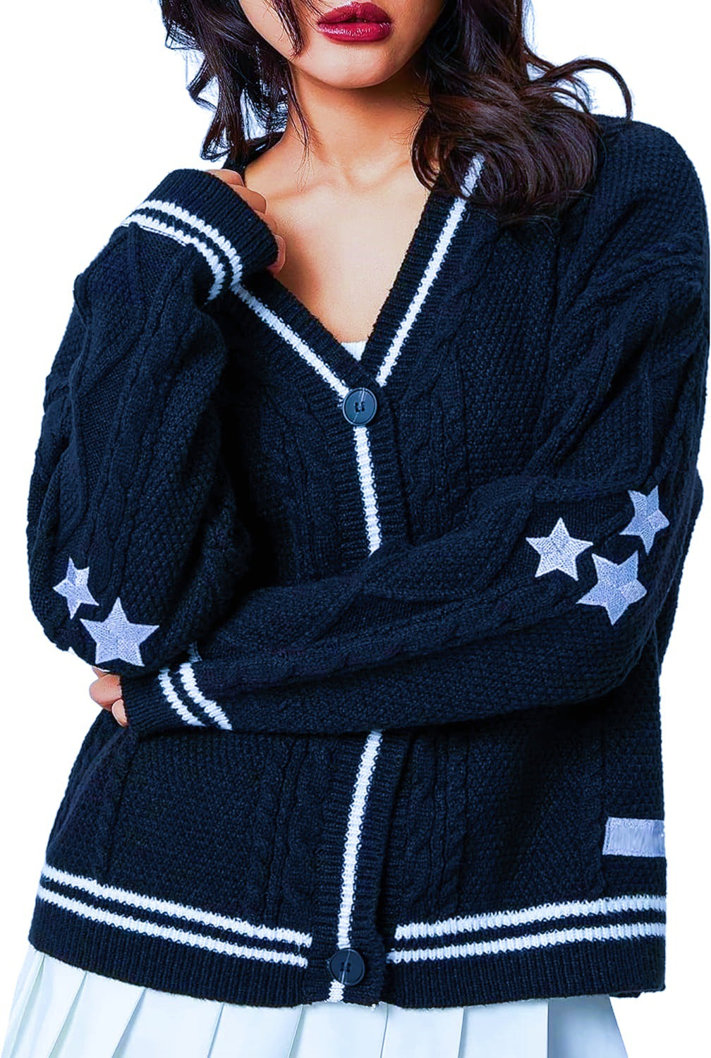 Damen Grobstrick-Cardigan mit dekorativen Sternen und kontrastierendem Bund Drune