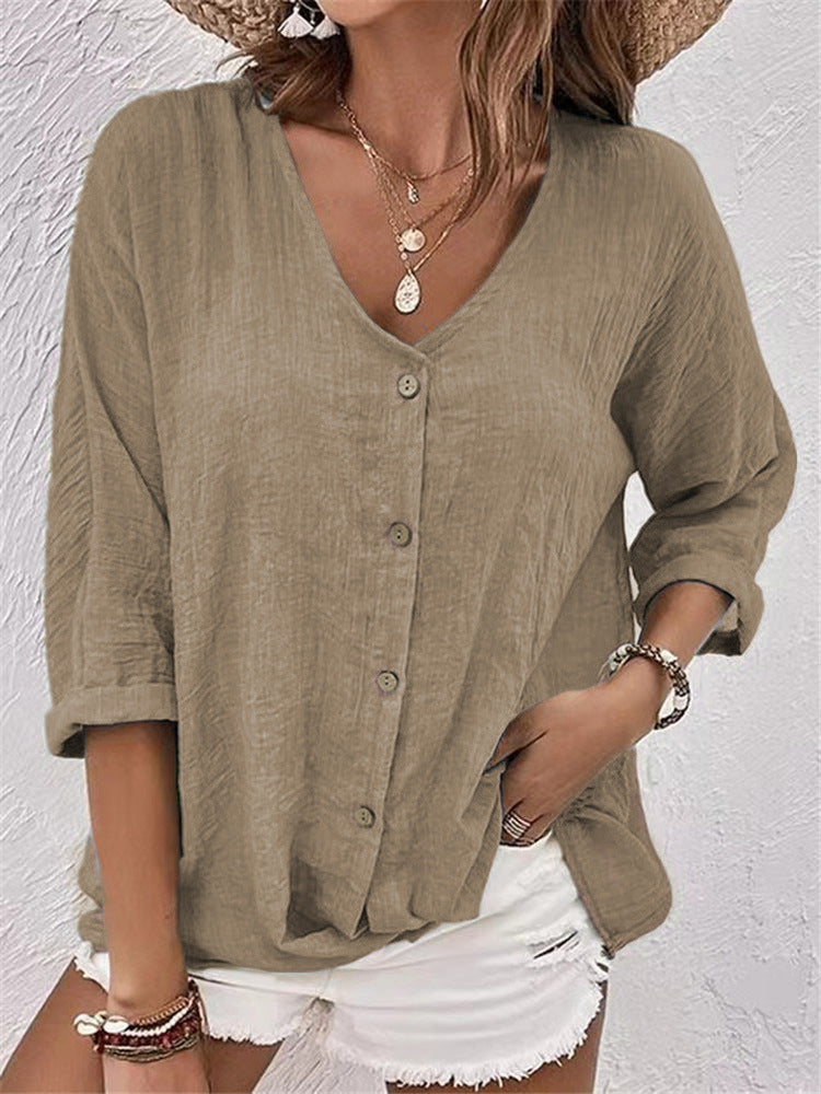 Damen lockere V-Ausschnitt Bluse im Leinenlook mit Knopfleiste und hochrollbaren Dreiviertelärmeln Drune
