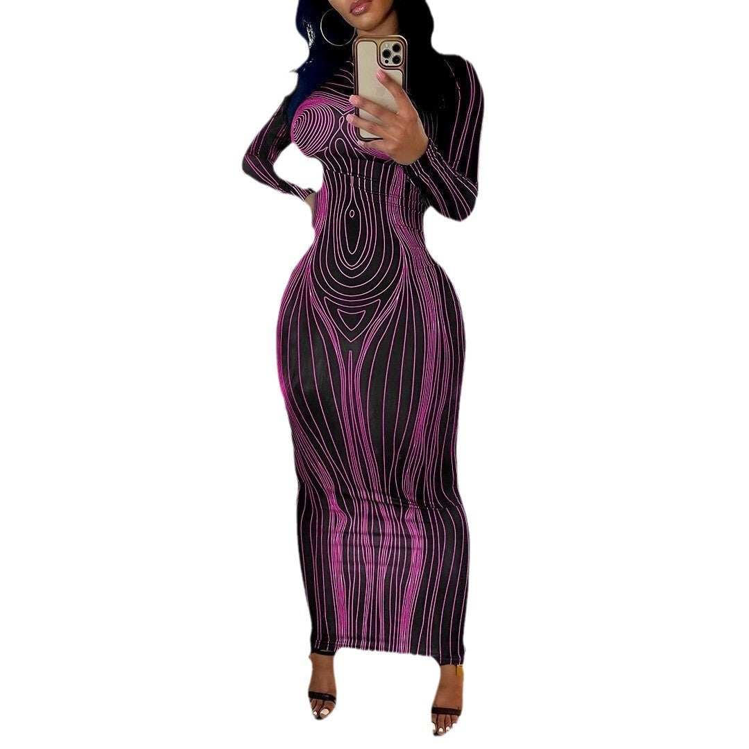 Damen Langarm Maxikleid mit figurformender Linienstruktur Drune