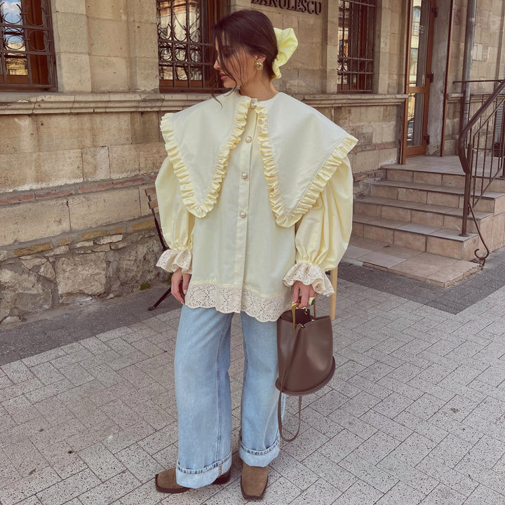 Damen Oversize Bluse mit Rüschendetails und Spitzenbesatz Drune