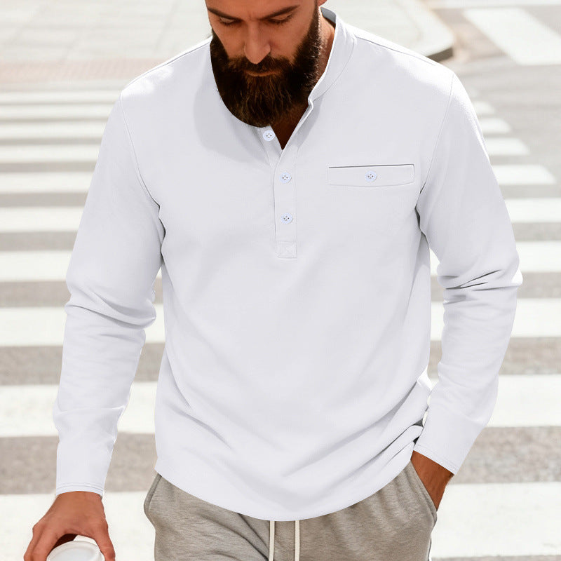 Herren Lässiges Henley-Langarmshirt mit Stehkragen, Brusttasche und abgerundetem Saum Drune