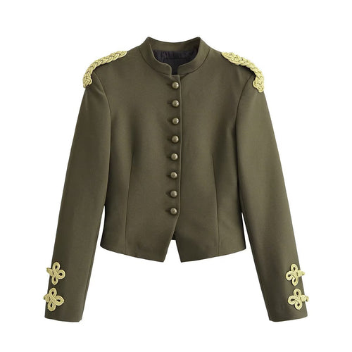 Damen taillierte militärische Kurzjacke mit Stehkragen, Epauletten und verzierten Zierknoten Drune