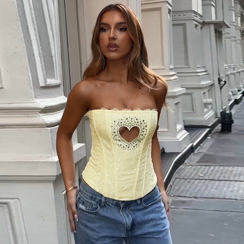 Damen Corsage-Top mit herzförmigem Ausschnitt und Spitzenverzierungen Drune