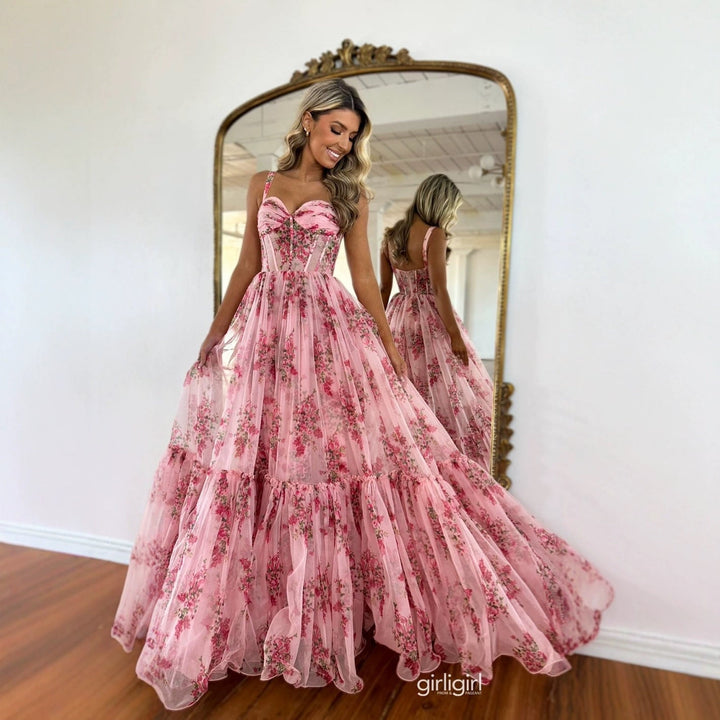 Damen Maxikleid mit floralem Tüll und voluminösem Rock Drune