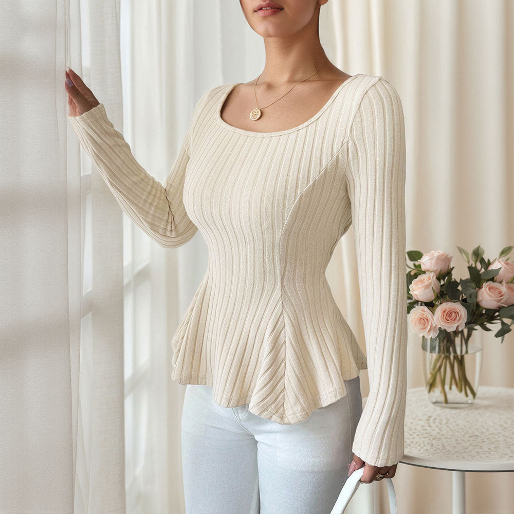 Damen elegantes Ripp-Top mit schmaler Silhouette und eingerollten Ärmeln Drune