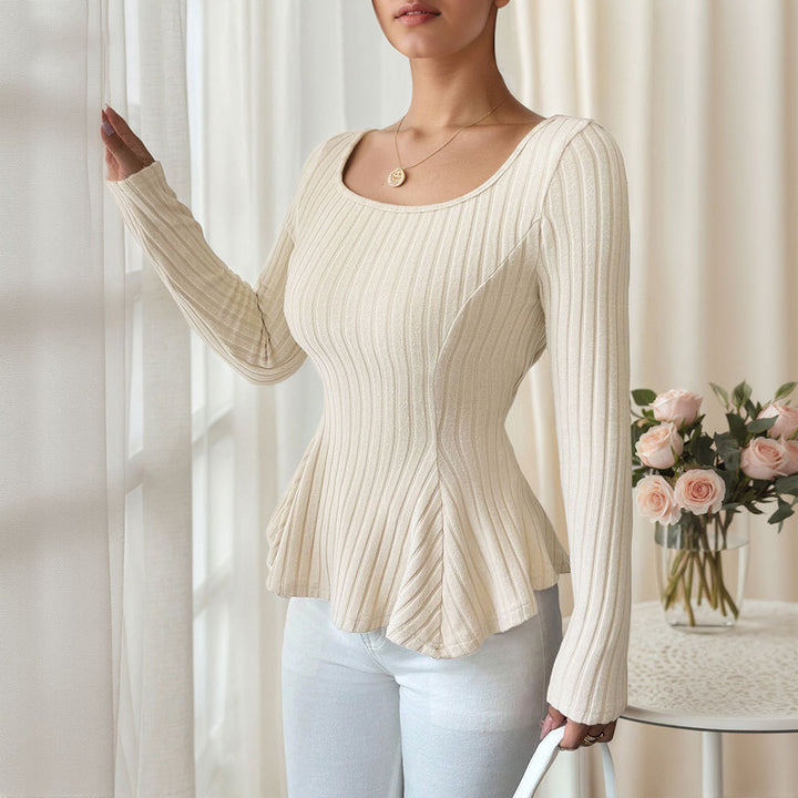 Damen elegantes Ripp-Top mit schmaler Silhouette und eingerollten Ärmeln Drune