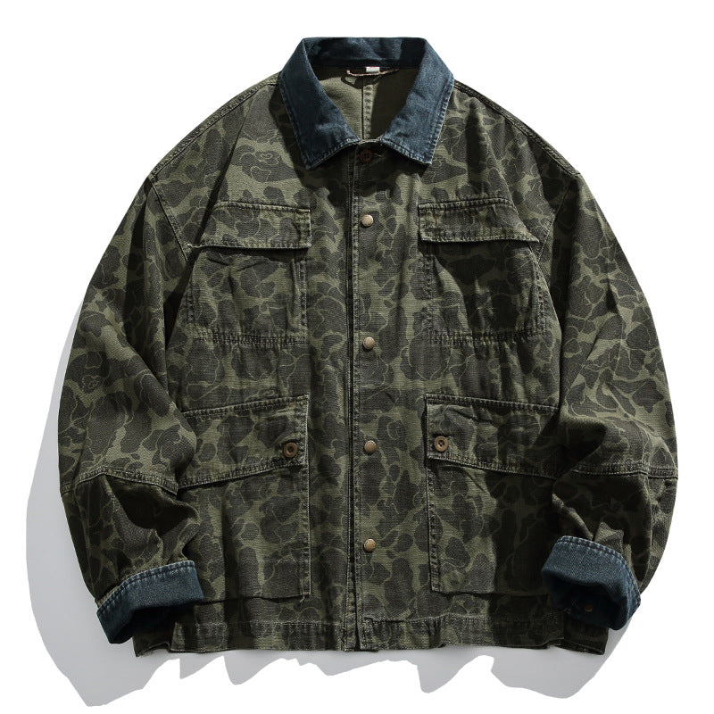 Herren Boxy-Jeansjacke im Camouflage-Muster mit Kontrastkragen und Mehrfachtaschen Drune