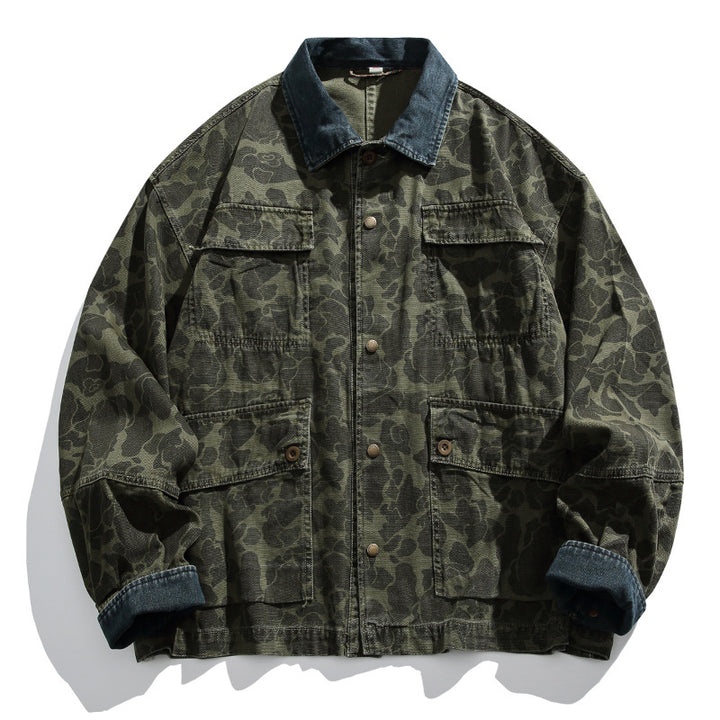 Herren Boxy-Jeansjacke im Camouflage-Muster mit Kontrastkragen und Mehrfachtaschen Drune
