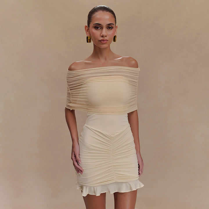 Damen figurbetontes Minikleid mit voluminösen Puffärmeln und Rüschensaum Drune