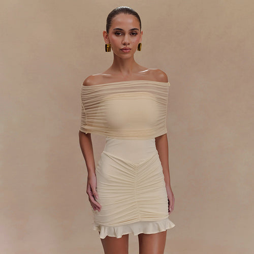 Damen figurbetontes Minikleid mit voluminösen Puffärmeln und Rüschensaum Drune