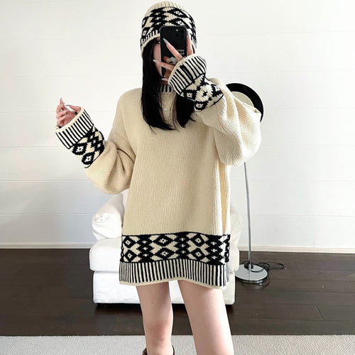 Damen modischer Strickpullover mit geometrischem Muster und Rundkragen Drune