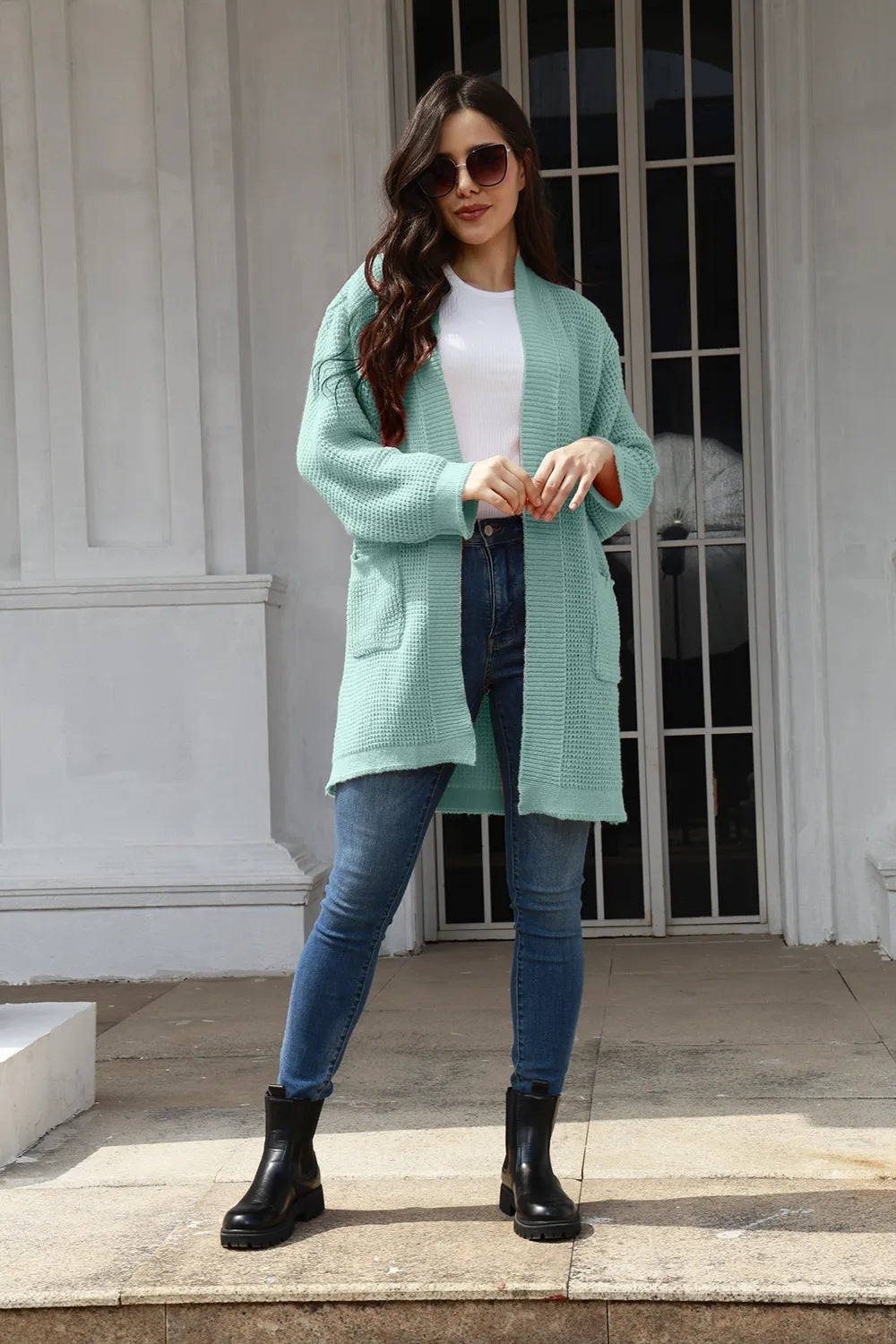 Damen gemütlicher Strick-Cardigan mit offenen Taschen und weitem Schnitt Drune