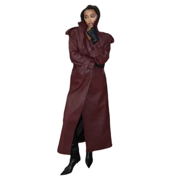 Damen Oversized Kunstleder-Trenchcoat mit hohem Kragen und abnehmbaren Gürtel Drune