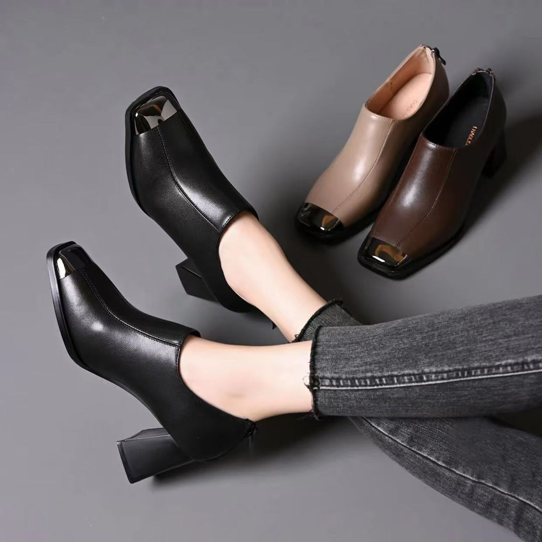 Damen Elegante Stiefeletten mit Blockabsatz und Glänzenden Akzenten Drune