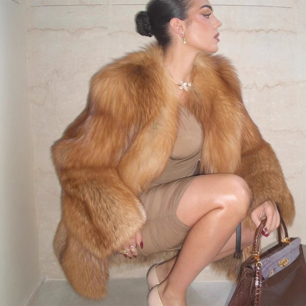 Damen Kurzer Plüsch-Fauxfur-Mantel mit kastiger Silhouette und voluminösem Schalkragen Drune