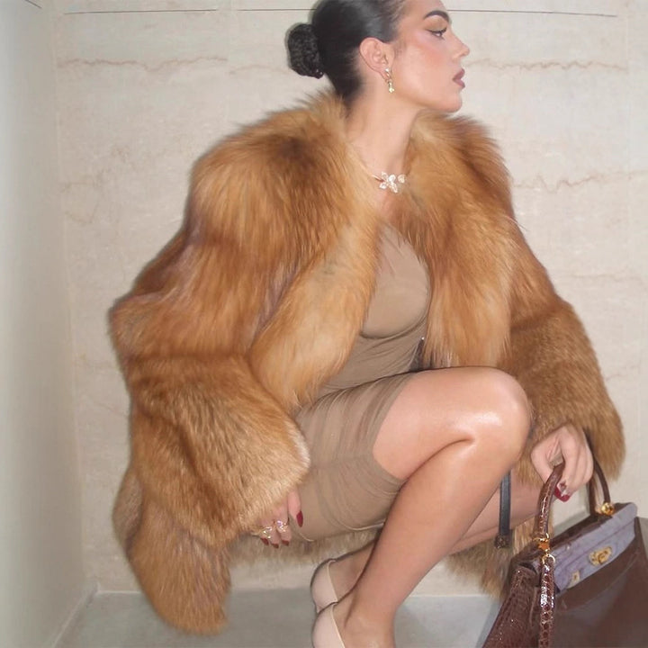Damen Kurzer Plüsch-Fauxfur-Mantel mit kastiger Silhouette und voluminösem Schalkragen Drune