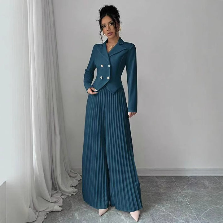 Damen Taillierter Doppelreihiger Blazer und plissierte Palazzo-Hose Drune