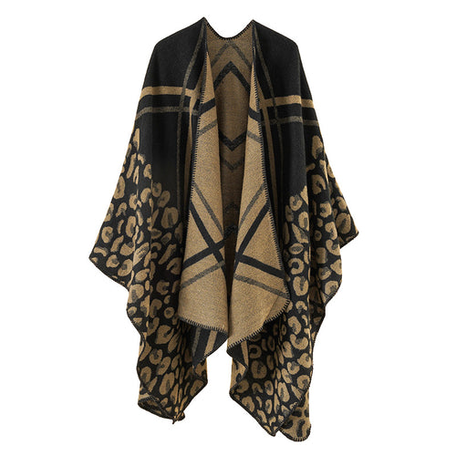 Damen Oversize-Ruana-Poncho mit Jacquardmix, Leoparden- und Karomuster Drune