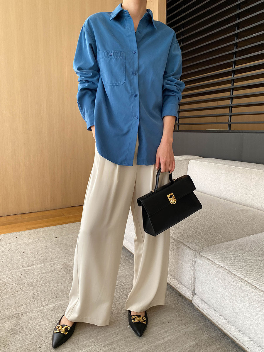 Damen lässige Bluse mit Brusttasche und langen Ärmeln Drune