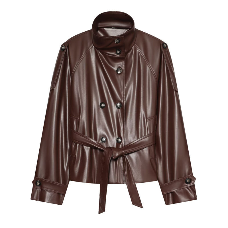 Damen Cropped Kunstlederblouson mit Hochkragen, doppelter Knopfleiste und Bindegürtel Drune
