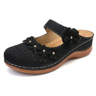 Damen Blumenverzierte Komfort-Pantolette mit Lochmuster, verstellbarem Klettriemen und gepolstertem Fußbett Drune