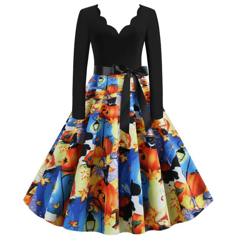 Damen Retro Swingkleid mit gewelltem Ausschnitt, langen Ärmeln und Halloween-Print Tellerrock Drune