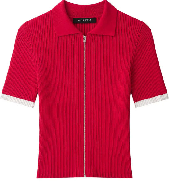 Damen Feinstrick-Poloshirt-Cardigan mit kurzem Arm und durchgehendem Reißverschluss Drune