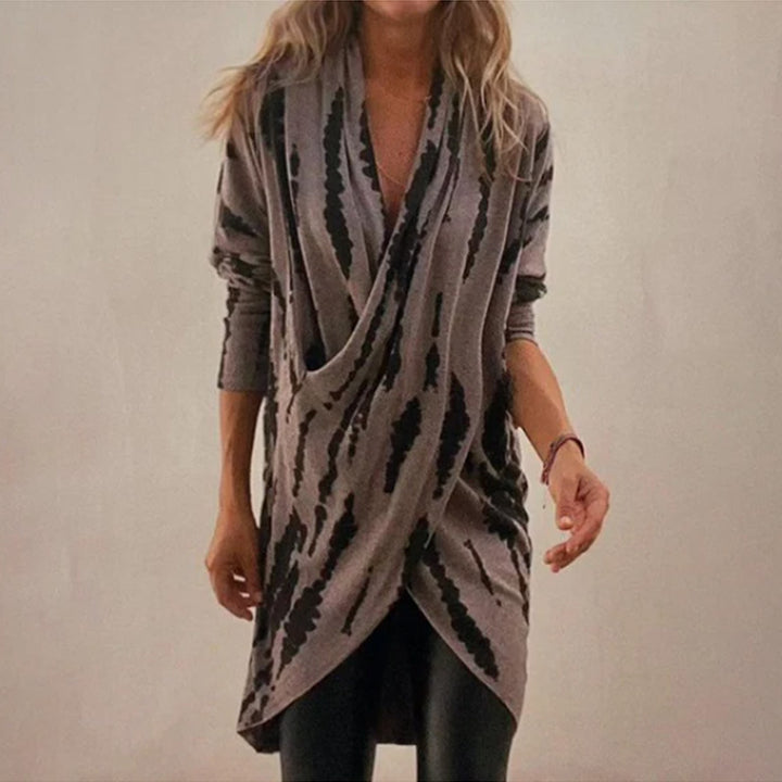 Damen drapierter Strickcardigan mit Wickeloptik, weichem Fall und abstraktem Muster Drune