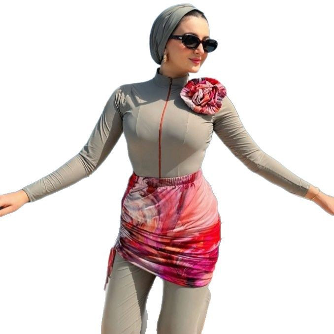 Damen Modischer UV-Schutz-Badeanzug mit Wickelrock und langem Arm Drune
