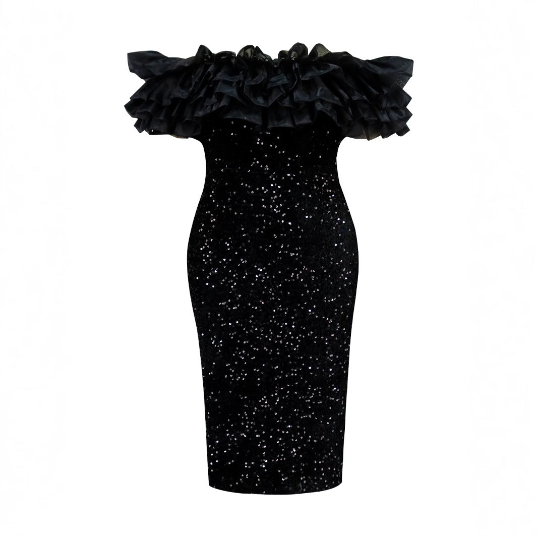 Damen glamouröses Abendkleid mit voluminösen Rüschen und Pailletten Drune